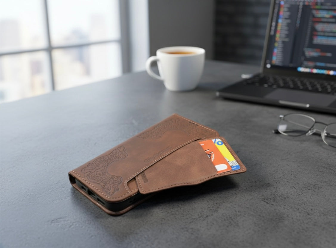 Flip-Case Kunstleder passend für Iphone 16e Braun mit fünf Kartenfächern