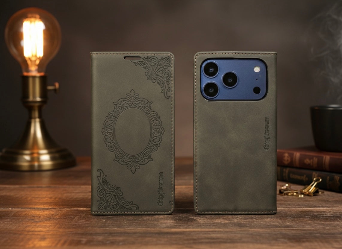 Relief Kunstleder Flip-Case Schwarz passend für Iphone 17 pro