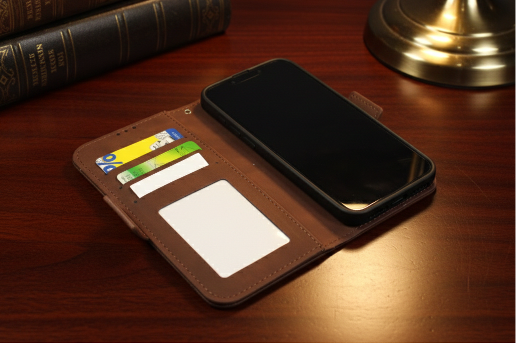 Flip-Case Kunstleder passend für Iphone 16e Braun mit fünf Kartenfächern